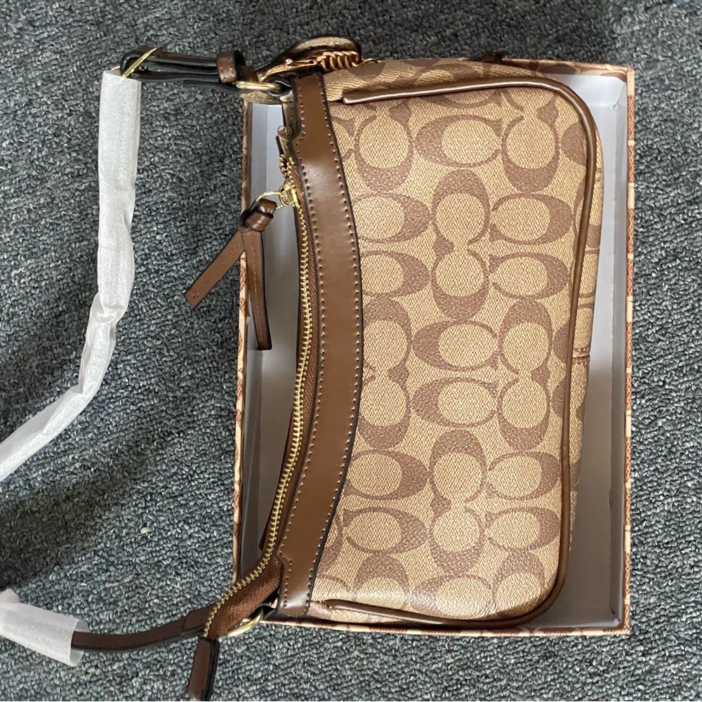 Coach Signature Canvas Shoulder Wristlet in Brown and Tan - Picture 2 of 6